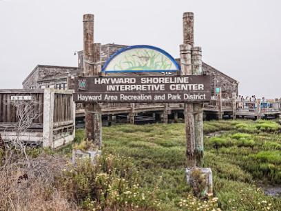 Hayward Shoreline Interpretive Center sign with marsh grasses and bay area landscape background