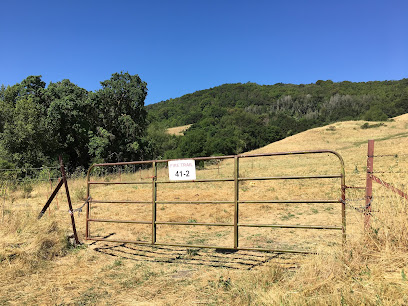 Metal ranch gate with address marker 413 in dry grassland with rolling hills