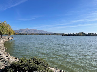 Scenic lake with mountains, trees, and rocky shoreline under clear blue sky