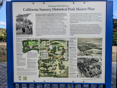 California Nursery Historical Park Master Plan informational sign with site maps and historical photos