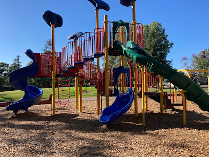 Colorful playground structure with multiple slides and climbing features in park setting