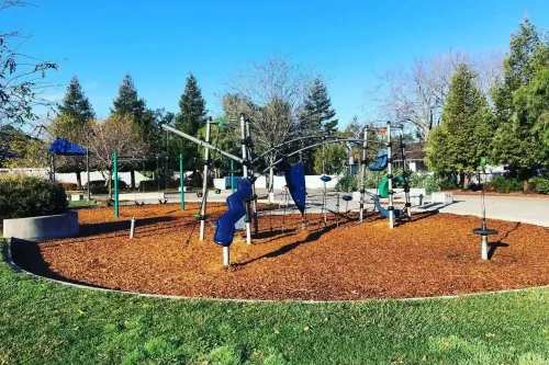Community park playground with blue climbing equipment, green posts, and wood chip surface surrounded by grass and trees